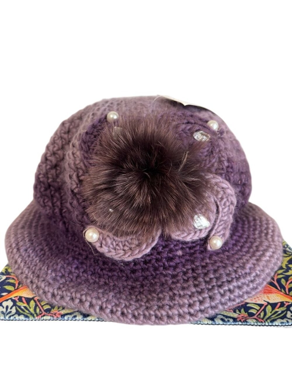 Very Moda Purple Knit Bucket Hat Faux Fur Pom Pearl Rhinestone Accents Soft